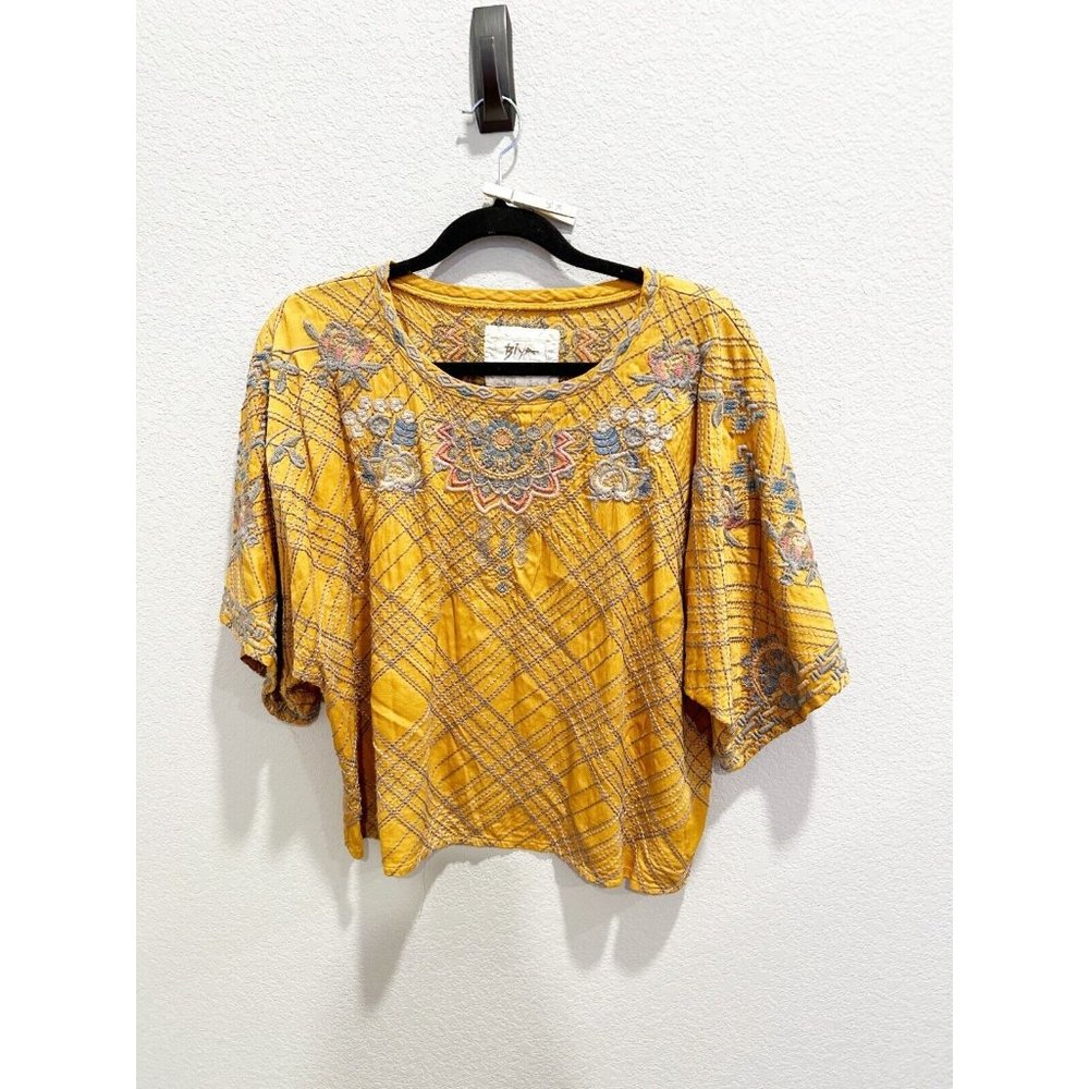 Biya Johnny Was Floral Embroidered Blouse Short Sleeve Round Neck Mustard Small‎